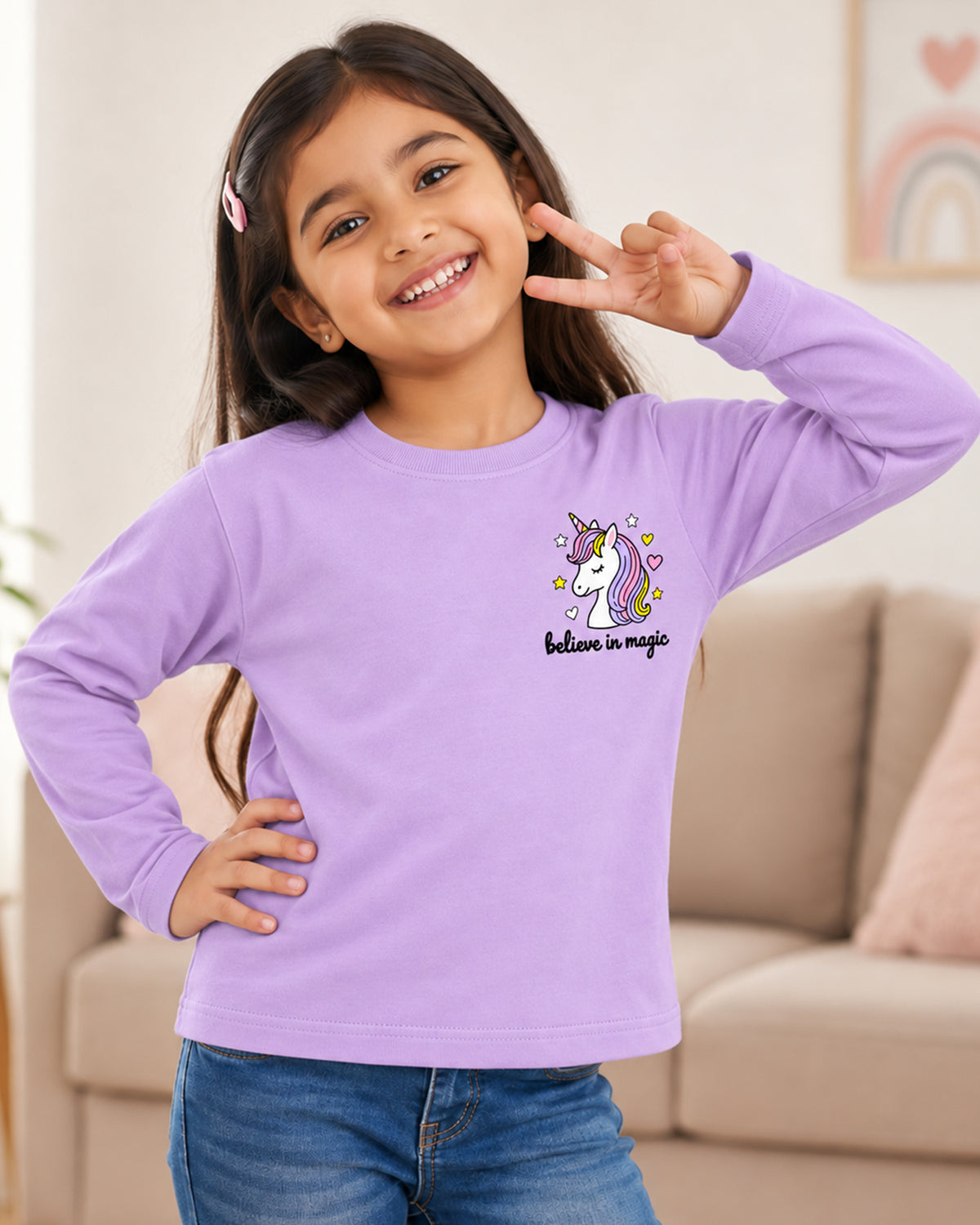 Kuchipoo Girls Cotton Printed T-Shirts | Full Sleeve Round Neck | Soft & Comfortable Casual Wear for Kids | Pack of 5
