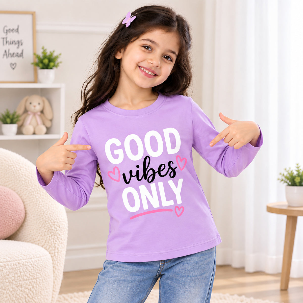 Kuchipoo Girls Cotton Printed T-Shirts | Full Sleeve Round Neck | Soft & Comfortable Casual Wear for Kids | Pack of 5