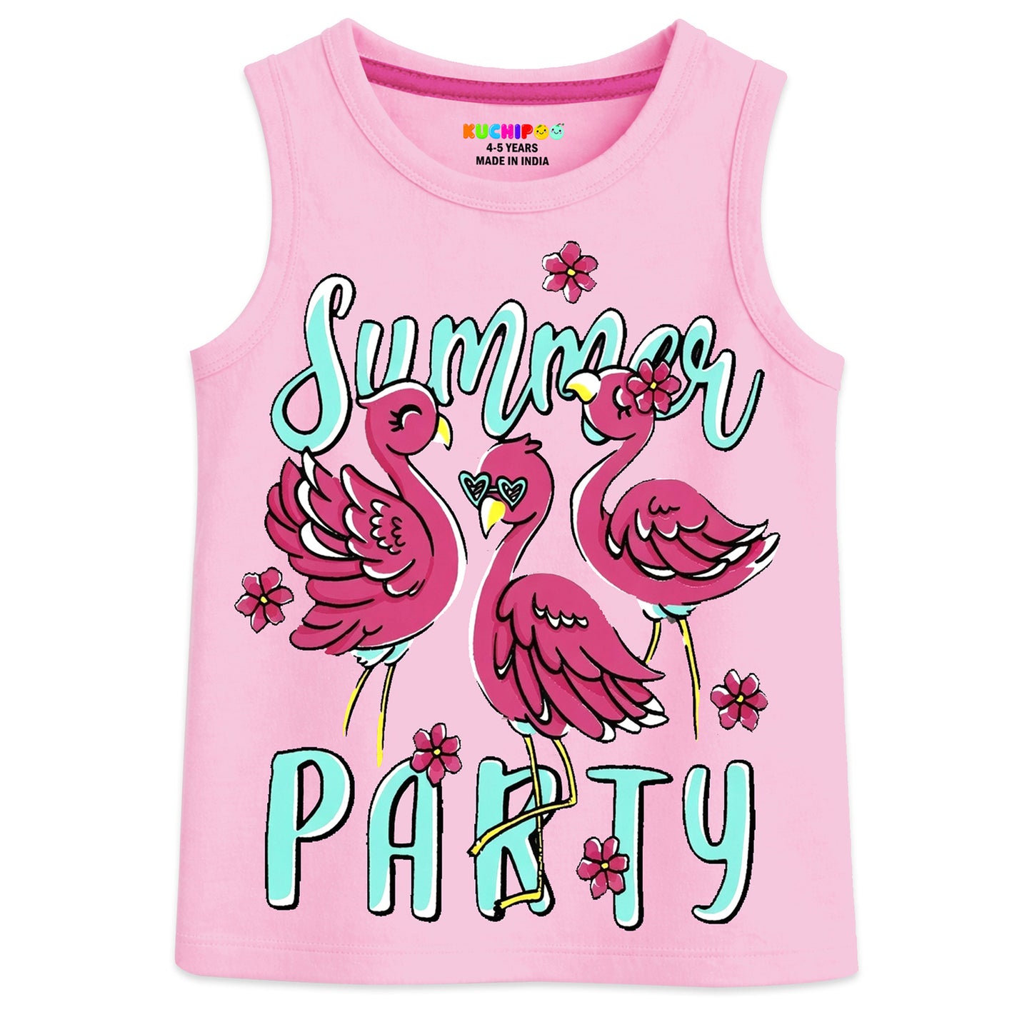 Kuchipoo Girls Sleeveless Cotton Tshirts | Printed Round Neck Kids Tshirts for Summer Wear | Pack of 4
