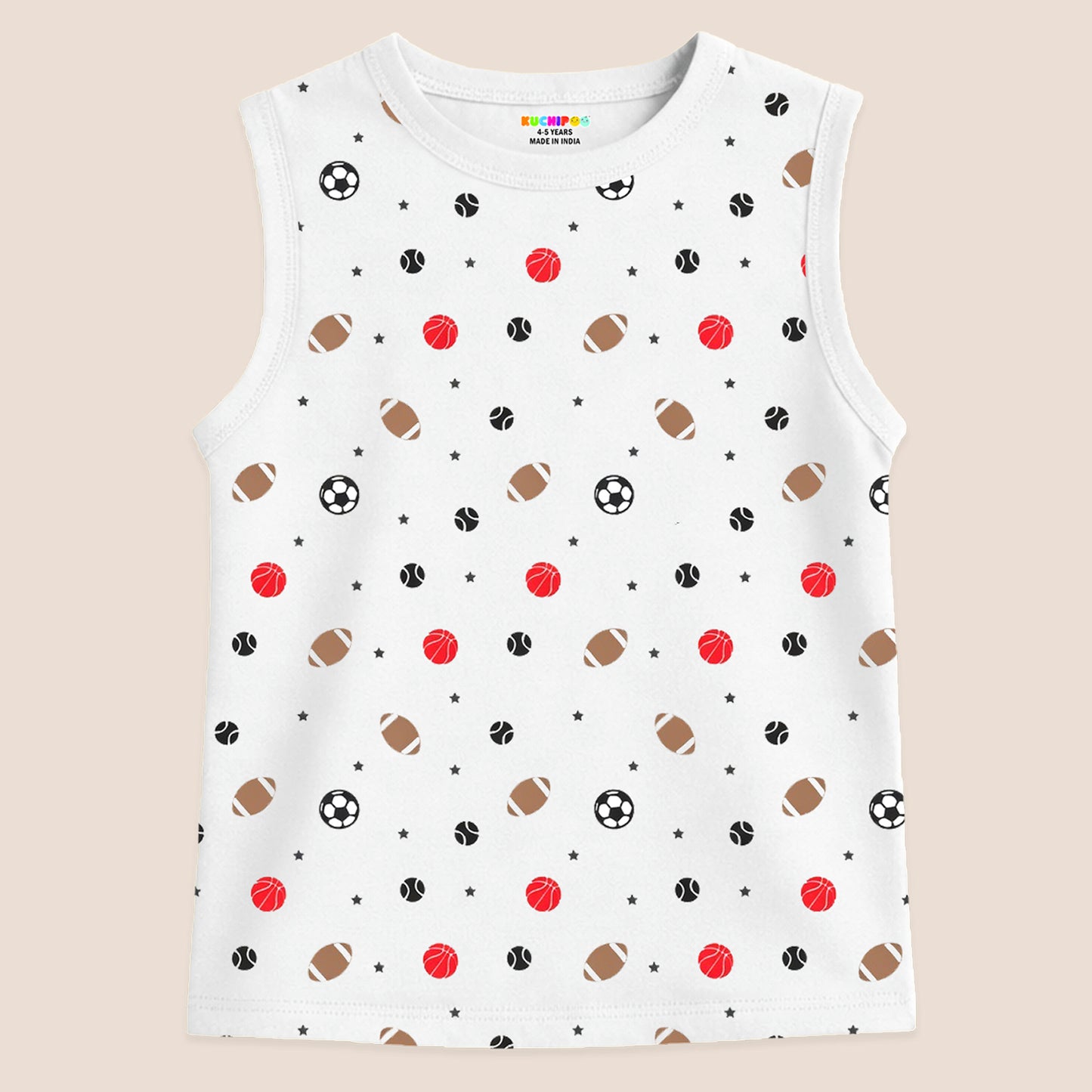Kuchipoo Boys Sleeveless 100% Cotton T-Shirt | Cute Graphic Print | Soft & Breathable Fabric | Round Neck Summer Top | Casual for Baby Boys and Baby Girls | Pack of 5