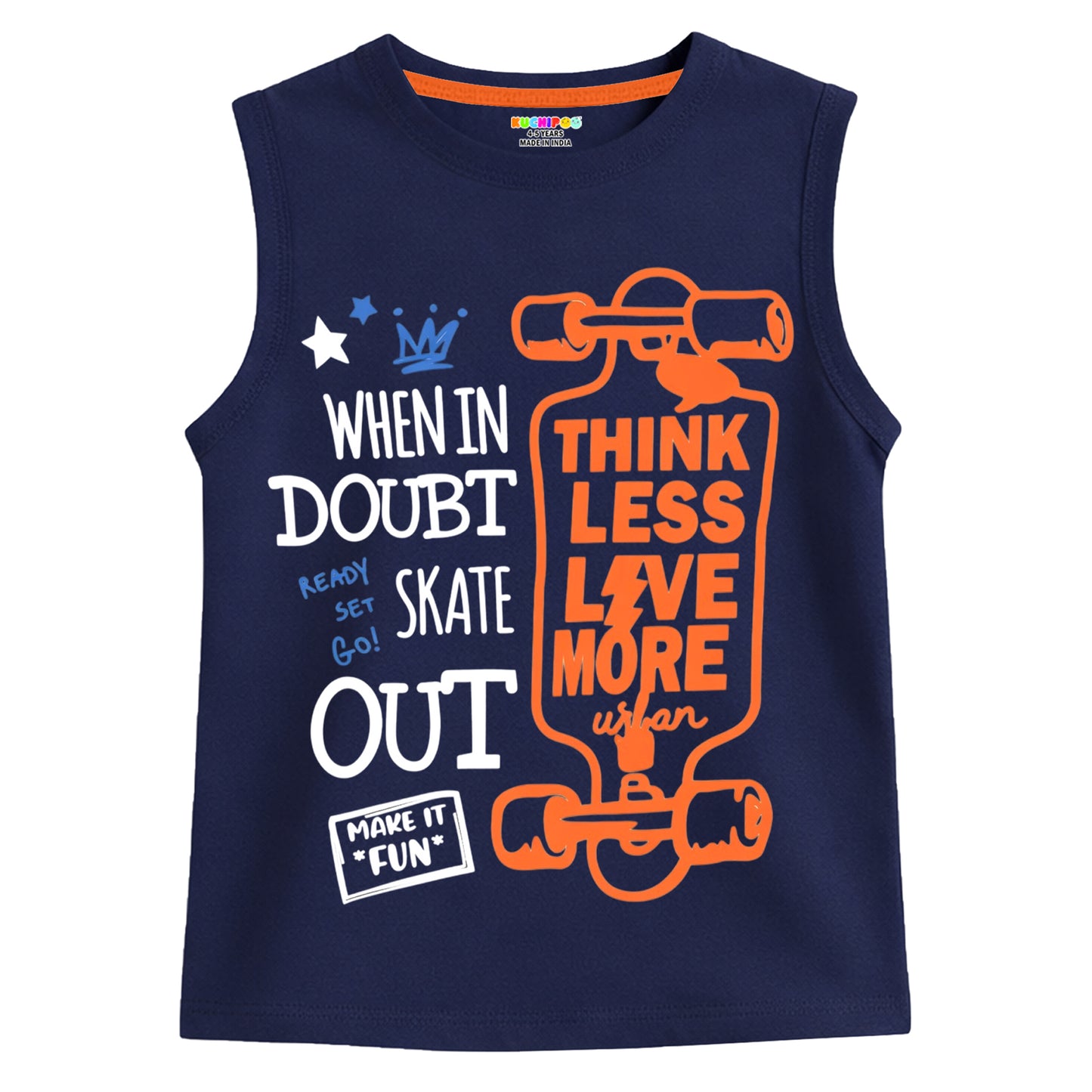 Kuchipoo Boys Sleeveless Cotton Tshirts | Printed Round Neck Kids Tshirts for Summer Wear | Pack of 4