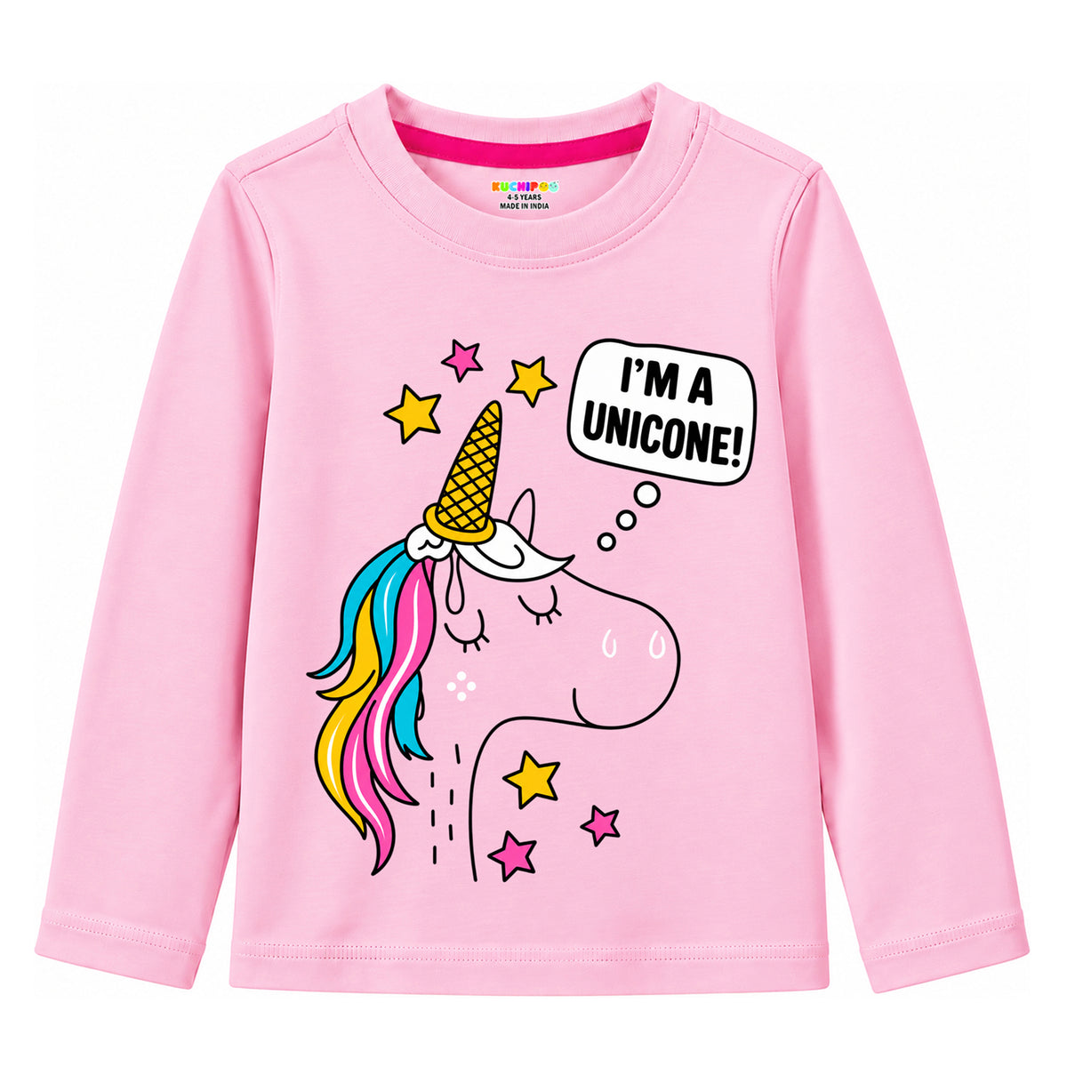Kuchipoo Girls Cotton Printed T-Shirts | Full Sleeve Round Neck | Soft & Comfortable Casual Wear for Kids | Pack of 5