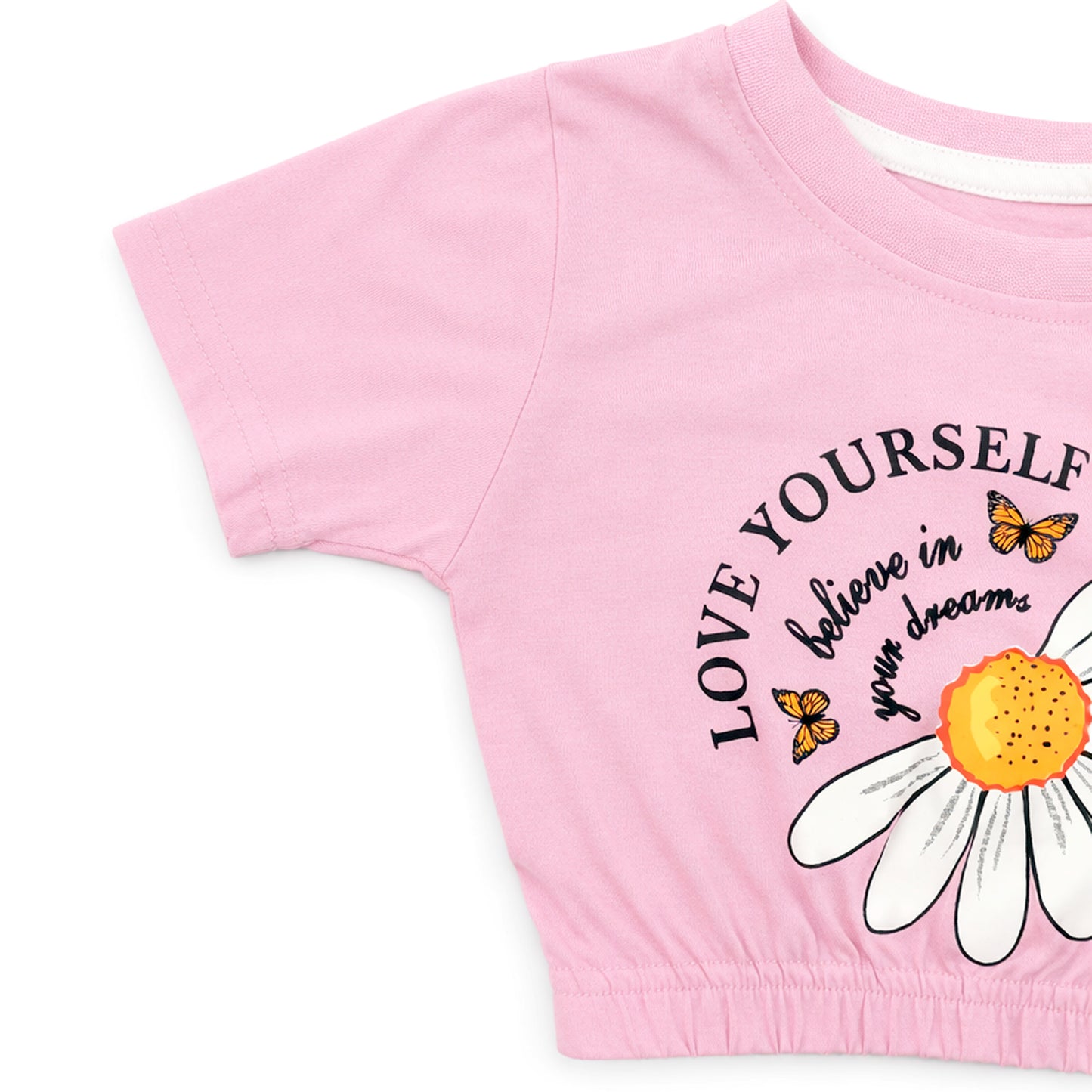 Kuchipoo Girls Cotton Crop Top | Half Sleeve Graphic Printed Summer T-Shirt with Elastic Waist | Soft & Breathable Casual Wear for Kids | Pack of 5