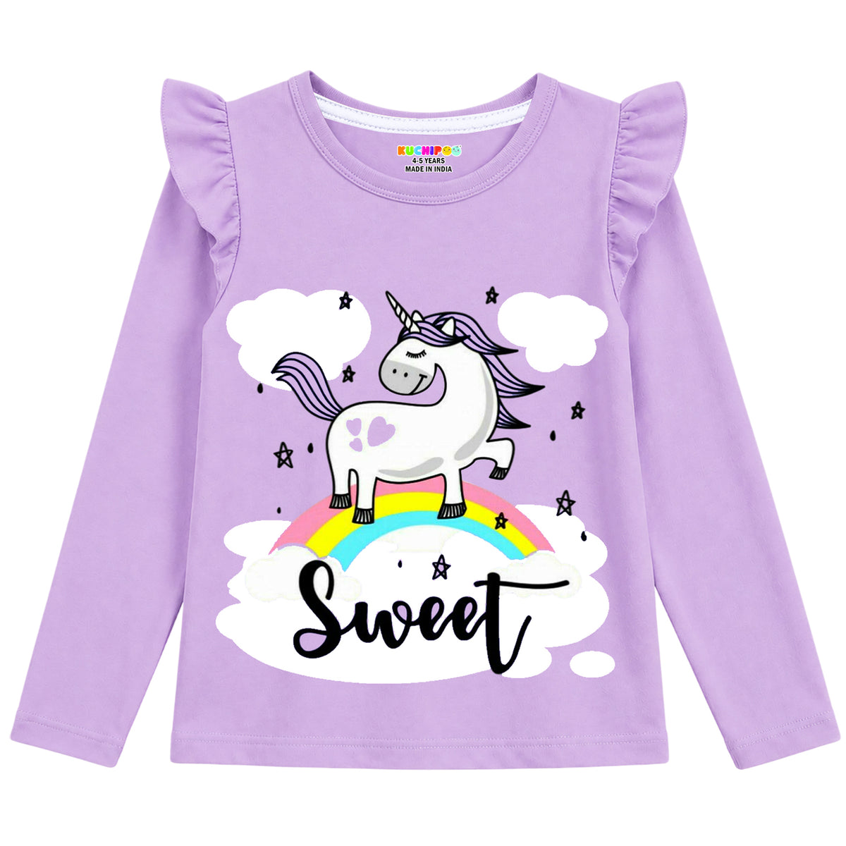 Kuchipoo Girls Cotton Printed T-Shirts | Full Sleeves with Frill Shoulders | Soft & Comfortable Casual Wear for Kids | Pack of 4