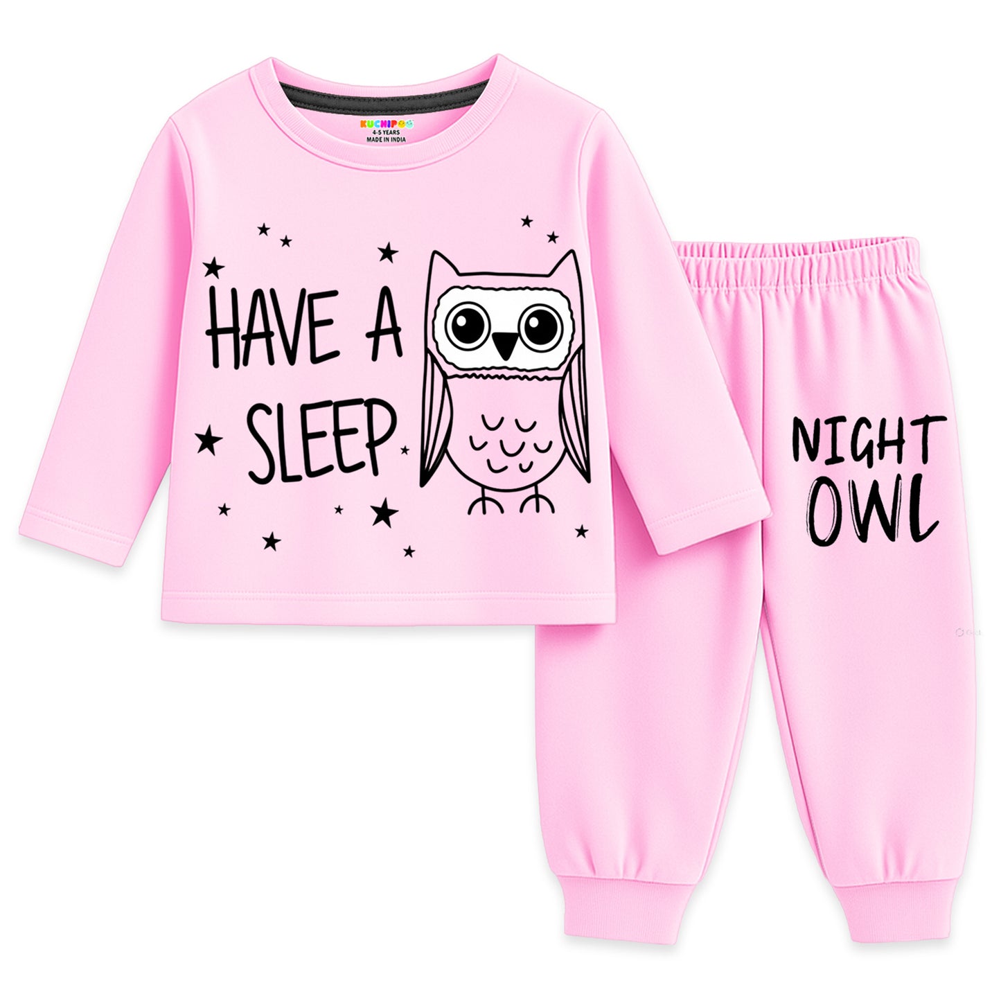 Kuchipoo Girls Cotton T-shirts & Pajamas Set | Full Sleeve Printed Top & Pajama | Soft & Breathable Sleepwear | Comfortable Elastic Waist | Pack of 3