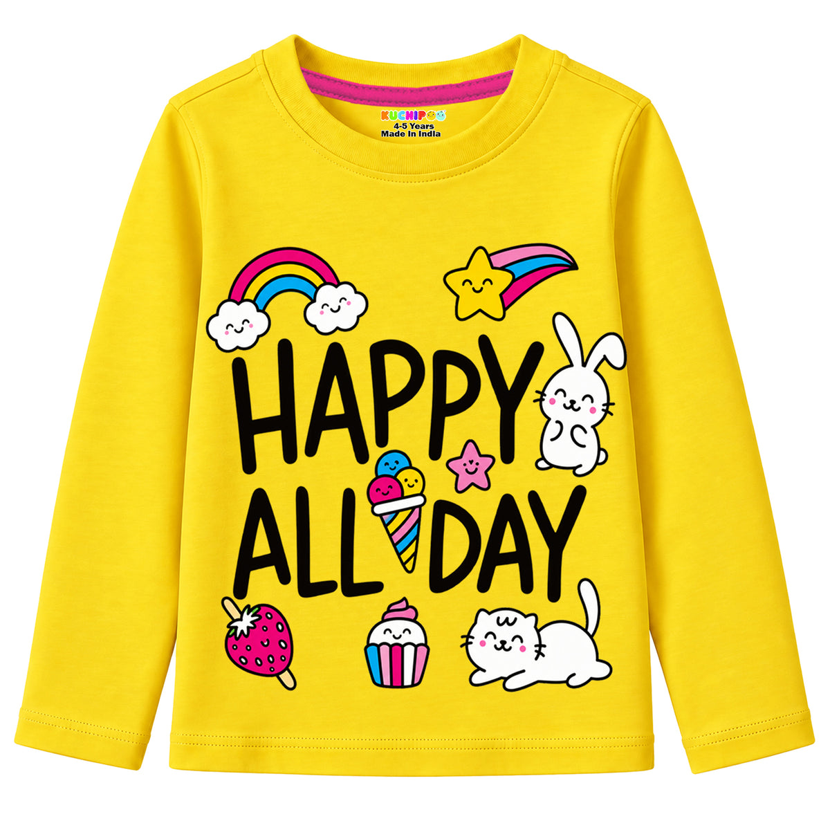 Kuchipoo Girls Cotton Printed T-Shirts | Full Sleeve Round Neck | Soft & Comfortable Casual Wear for Kids | Pack of 5