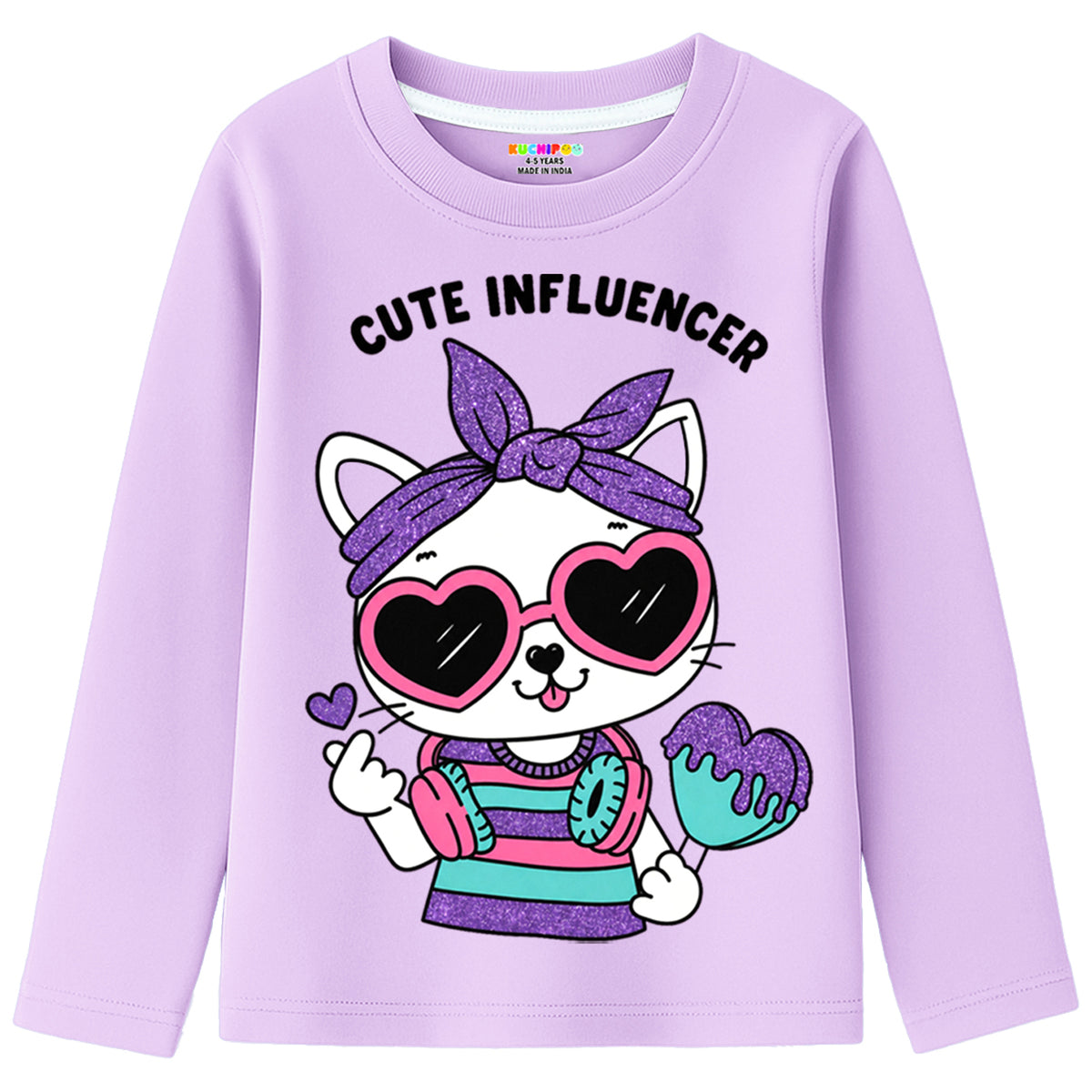Kuchipoo Girls Cotton Printed T-Shirts | Full Sleeve Round Neck | Soft & Comfortable Casual Wear for Kids | Pack of 5