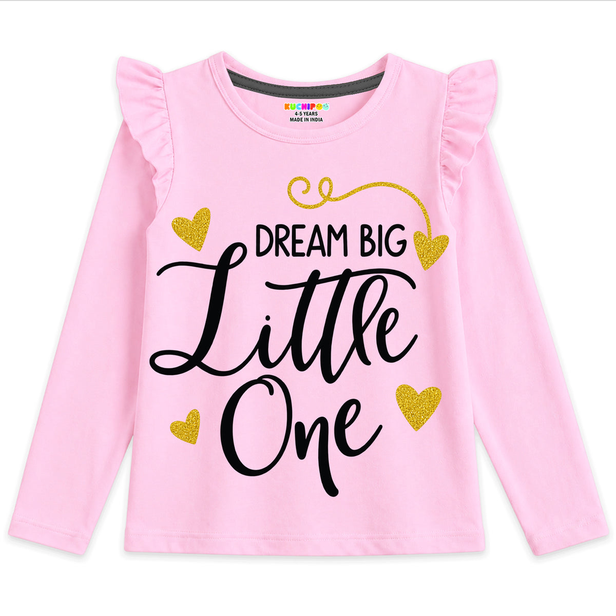 Kuchipoo Girls Cotton Printed T-Shirts | Full Sleeves with Frill Shoulders | Soft & Comfortable Casual Wear for Kids | Pack of 4