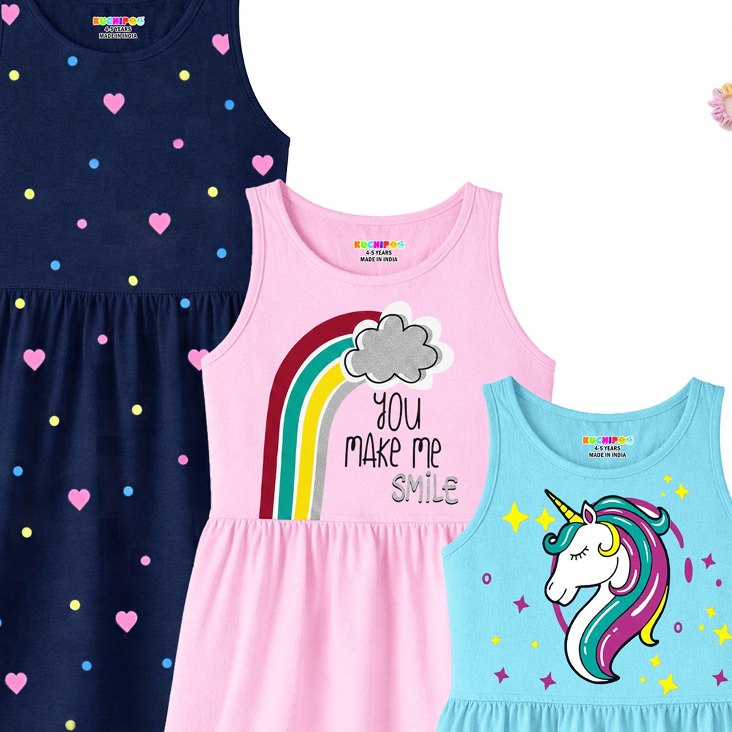 Kuchipoo Girls Regular Fit Cotton Frocks - Pack of 3