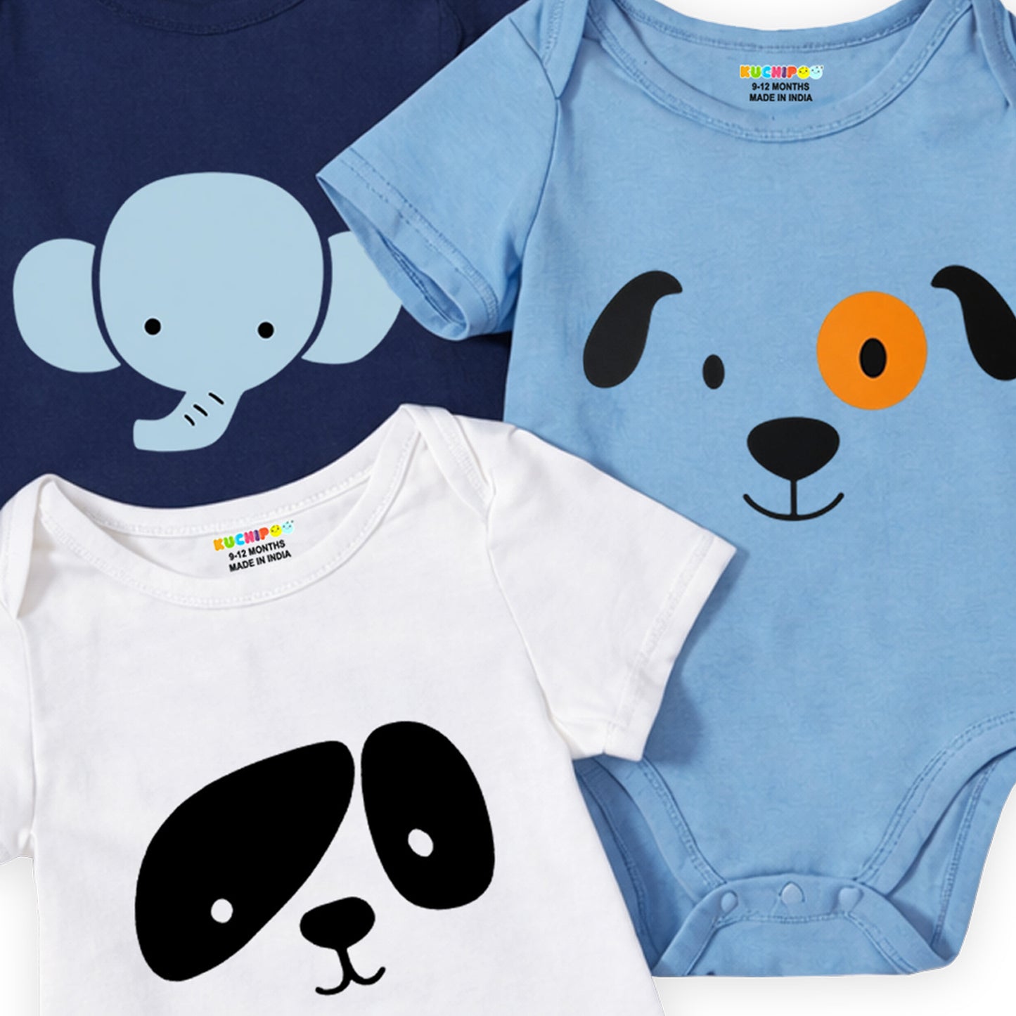 Kuchipoo 100% Cotton Baby Bodysuit Romper | Soft & Breathable Infant Clothing | Short Sleeve, Envelope Neck, Snap Button Closure | Pack of 3