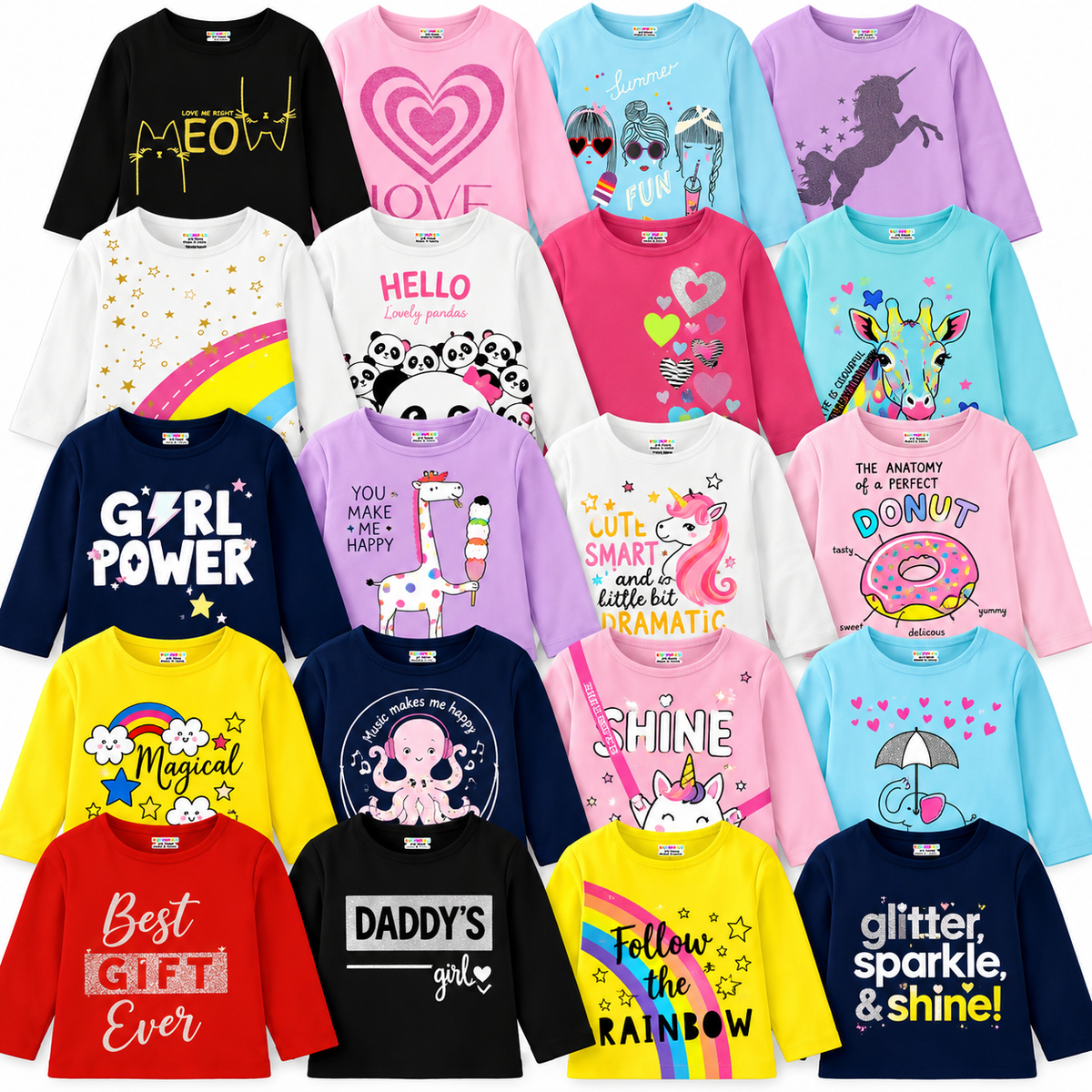 Pack of 20 Assorted Full-Sleeve T-Shirts for Girls – Mixed Designs & Colors – Available in Any Size