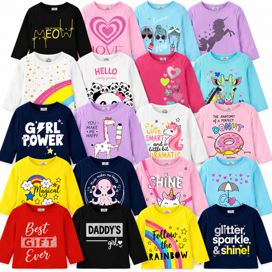 Pack of 20 Assorted Full-Sleeve T-Shirts for Girls – Mixed Designs & Colors – Available in Any Size