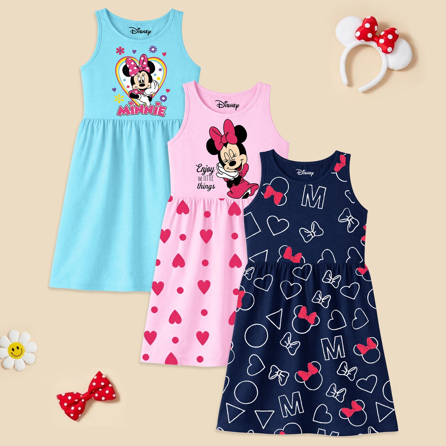 Kuchipoo © Disney Girls Minnie Mouse Printed Sleeveless Cotton Dress Combo | Cute Graphic Summer Casual Frock Set | Pack of 3