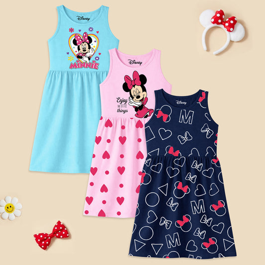 Kuchipoo © Disney Girls Minnie Mouse Printed Sleeveless Cotton Dress Combo | Cute Graphic Summer Casual Frock Set | Pack of 3
