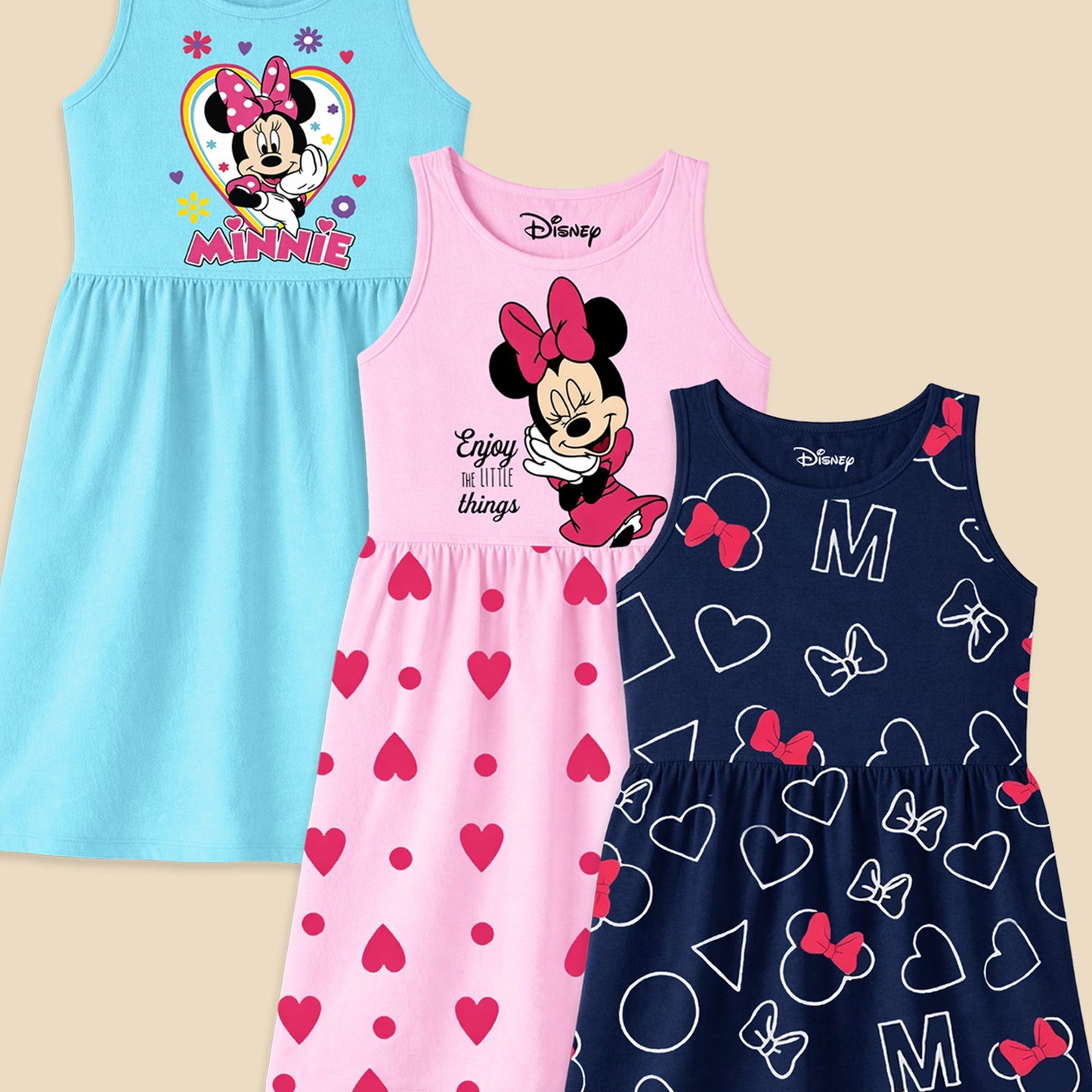 Kuchipoo © Disney Girls Minnie Mouse Printed Sleeveless Cotton Dress Combo | Cute Graphic Summer Casual Frock Set | Pack of 3
