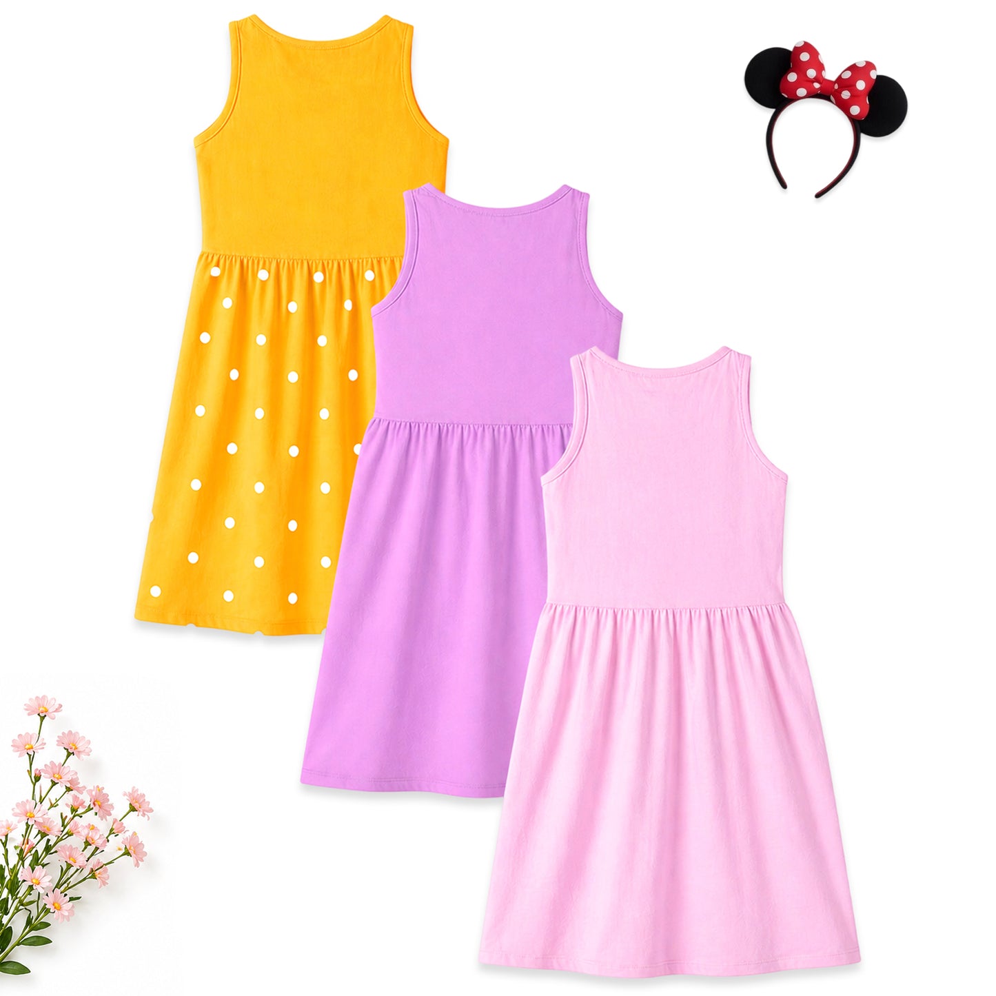 Kuchipoo © Disney Girls Minnie Mouse Printed Sleeveless Cotton Dress Combo | Cute Graphic Summer Casual Frock Set | Pack of 3