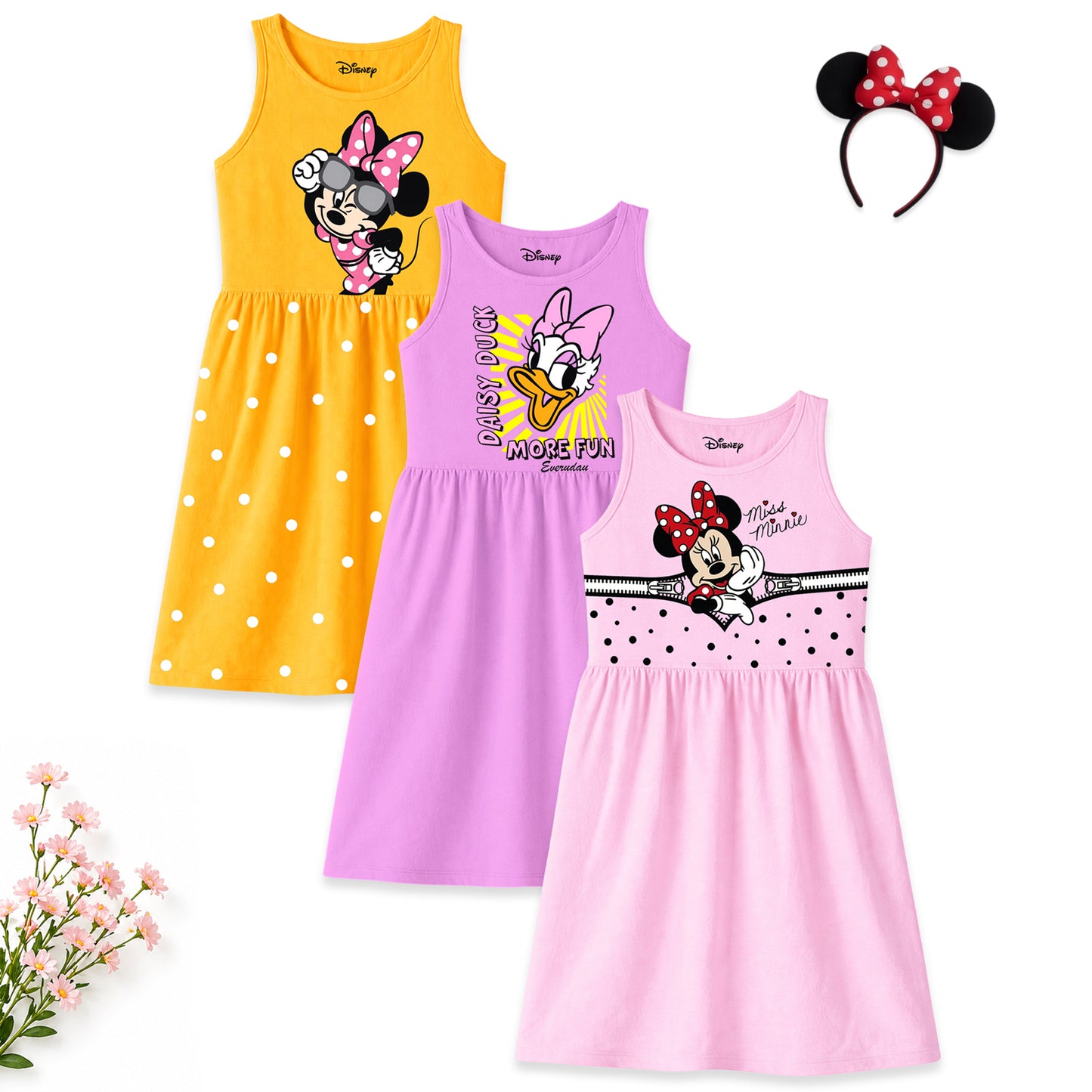 Kuchipoo © Disney Girls Minnie Mouse Printed Sleeveless Cotton Dress Combo | Cute Graphic Summer Casual Frock Set | Pack of 3