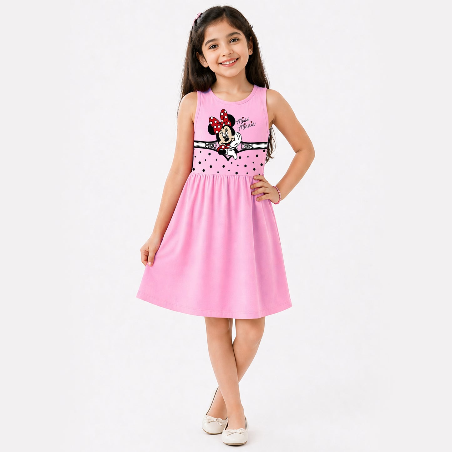 Kuchipoo © Disney Girls Minnie Mouse Printed Sleeveless Cotton Dress Combo | Cute Graphic Summer Casual Frock Set | Pack of 3