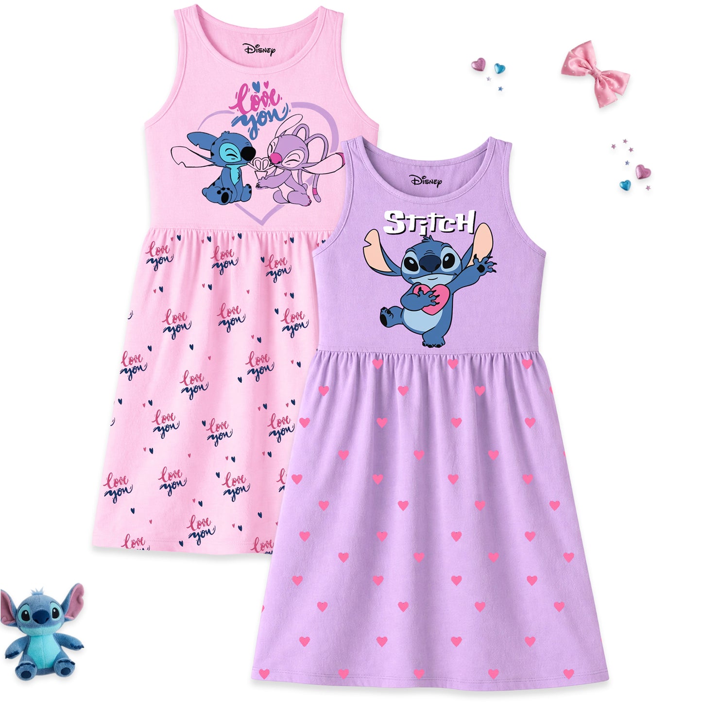 Kuchipoo © Disney | Stitch & Angel | Heart Print | Girls Summer Dress Frock | Pack of 2