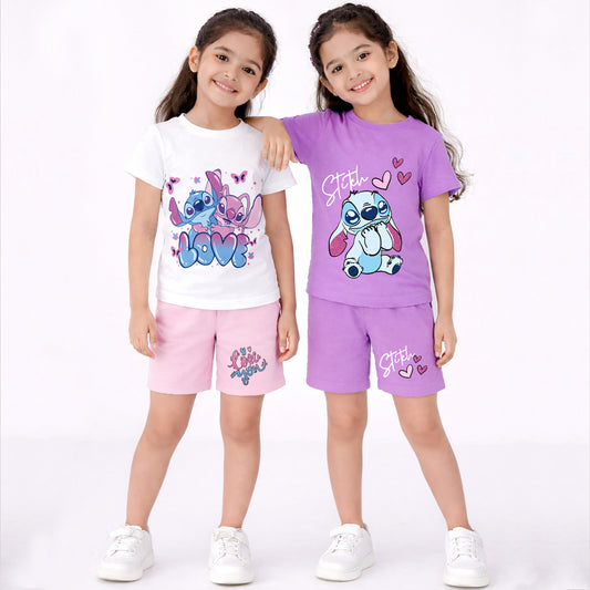 Kuchipoo © Disney Stitch Cotton T-Shirts and Shorts Set for Girls - Pack of 2