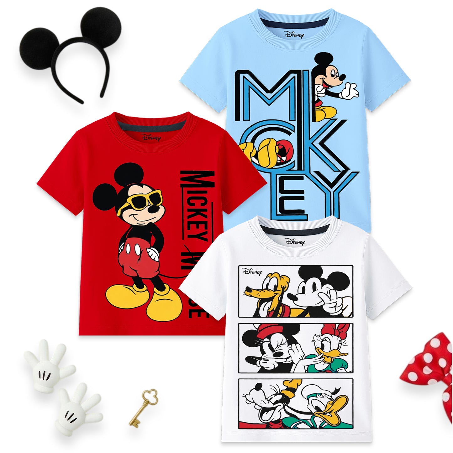 Kuchipoo © Disney Boys Mickey Mouse Printed Cotton T-Shirt Combo | Mickey & Friends Graphic Cotton Tees | Casual Summer Wear | Pack of 3