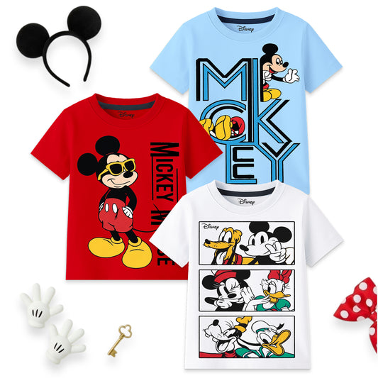 Kuchipoo © Disney Boys Mickey Mouse Printed Cotton T-Shirt Combo | Mickey & Friends Graphic Cotton Tees | Casual Summer Wear | Pack of 3