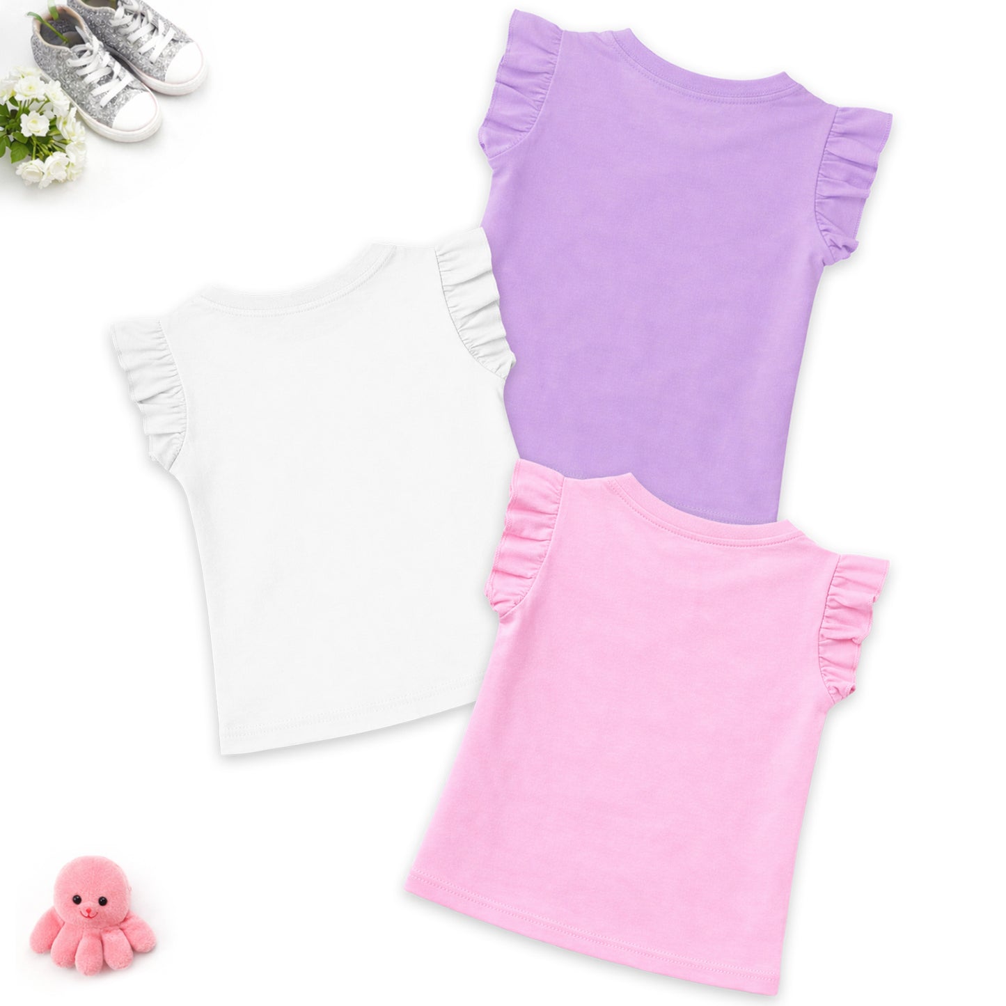 Kuchipoo © Disney Minnie Mouse Girls T-Shirt | Cute Cartoon Graphic Print | Frill Sleeve Girls Top | Soft Cotton Casual Wear | Pack of 3