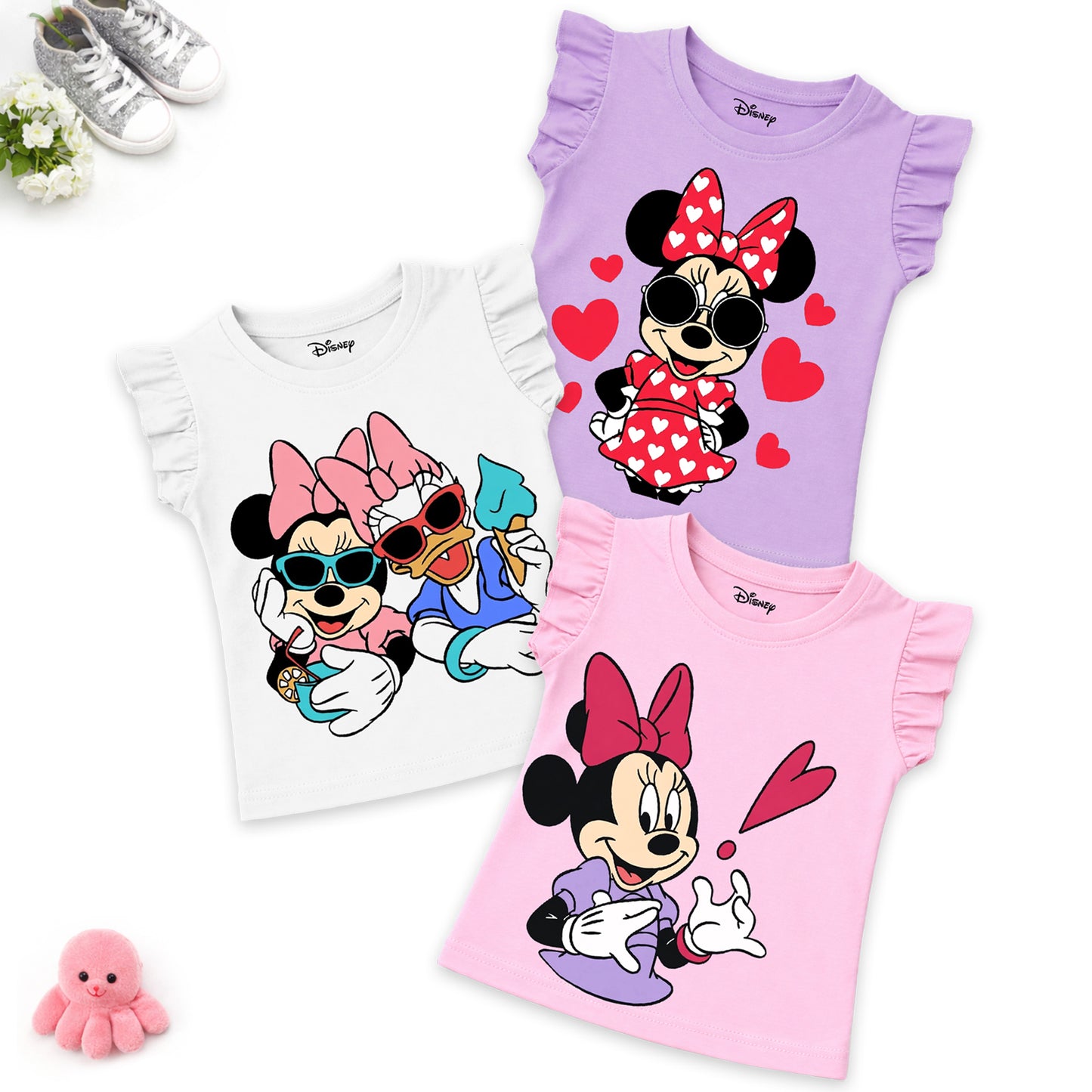 Kuchipoo © Disney Minnie Mouse Girls T-Shirt | Cute Cartoon Graphic Print | Frill Sleeve Girls Top | Soft Cotton Casual Wear | Pack of 3