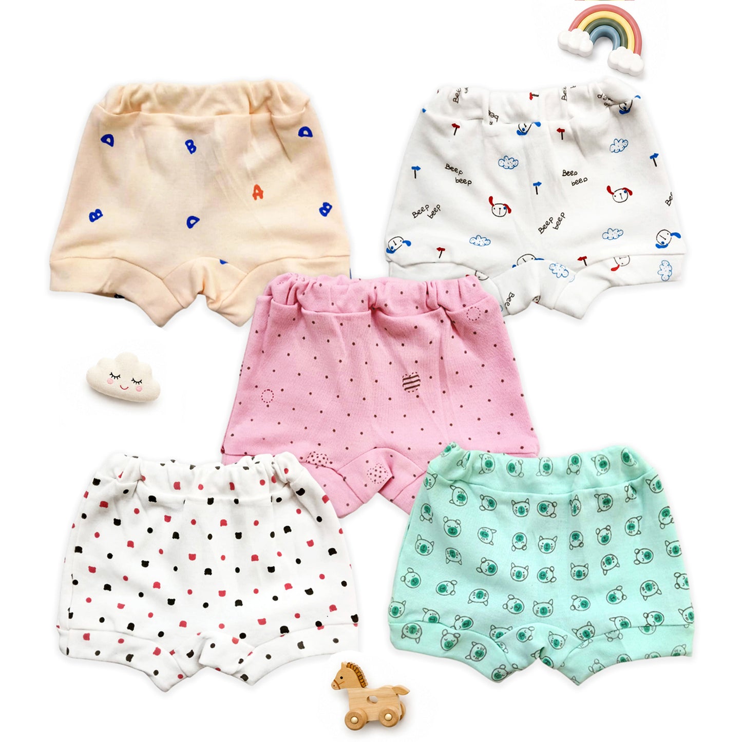Kuchipoo 100% Cotton Baby Bloomers | Unisex Printed Bottoms for Infants & Toddlers | Soft & Comfortable | Elastic Fit Designs - Pack of 5 Multicolour