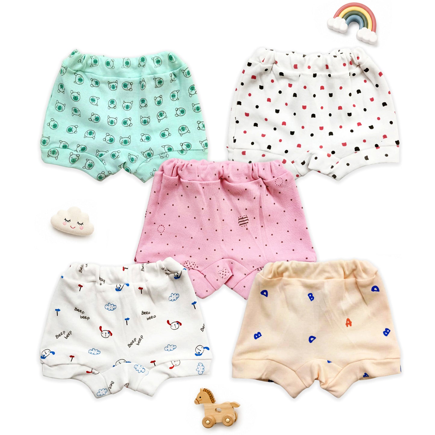Kuchipoo 100% Cotton Baby Bloomers | Unisex Printed Bottoms for Infants & Toddlers | Soft & Comfortable | Elastic Fit Designs - Pack of 5 Multicolour