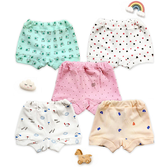 Kuchipoo 100% Cotton Baby Bloomers | Unisex Printed Bottoms for Infants & Toddlers | Soft & Comfortable | Elastic Fit Designs - Pack of 5 Multicolour