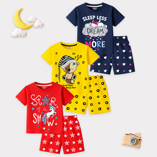 Kuchipoo Girls Cotton T-Shirt & Shorts | Printed Summer Wear Set | Soft & Comfortable Kids Clothing | Pack of 3