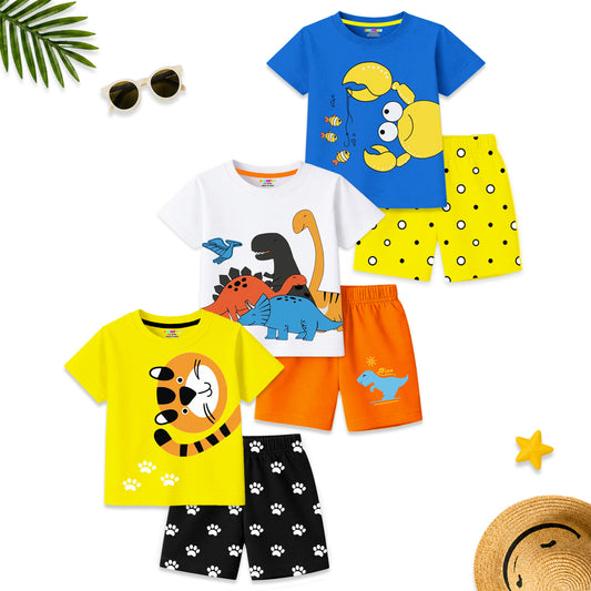 Kuchipoo Boys Cotton T-Shirt & Shorts | Printed Summer Wear Set | Soft & Comfortable Kids Clothing | Pack of 3