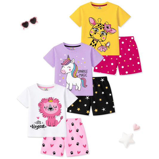 Kuchipoo Girls Cotton T-Shirt & Shorts | Printed Summer Wear Set | Soft & Comfortable Kids Clothing | Pack of 3