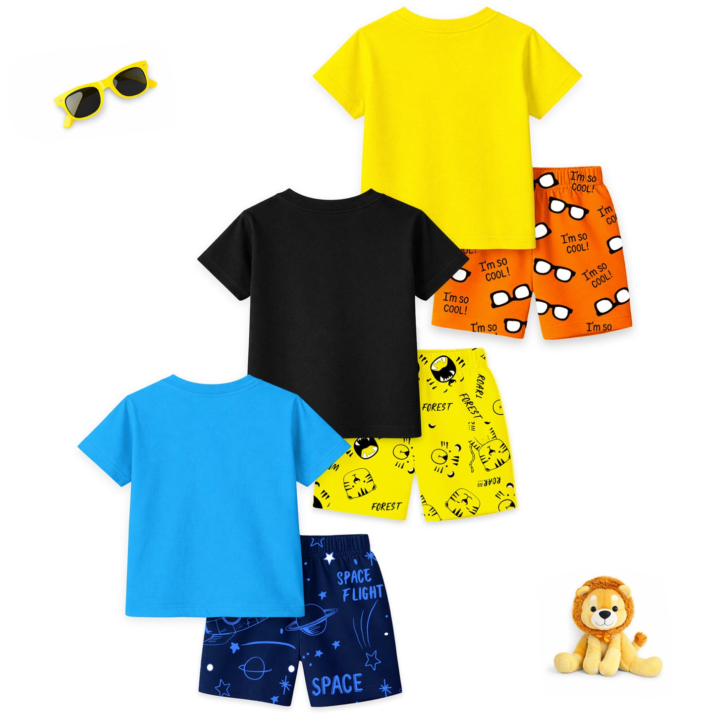 Kuchipoo Boys Cotton T-Shirt & Shorts | Printed Summer Wear Set | Soft & Comfortable Kids Clothing | Pack of 3