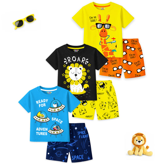 Kuchipoo Boys Cotton T-Shirt & Shorts | Printed Summer Wear Set | Soft & Comfortable Kids Clothing | Pack of 3
