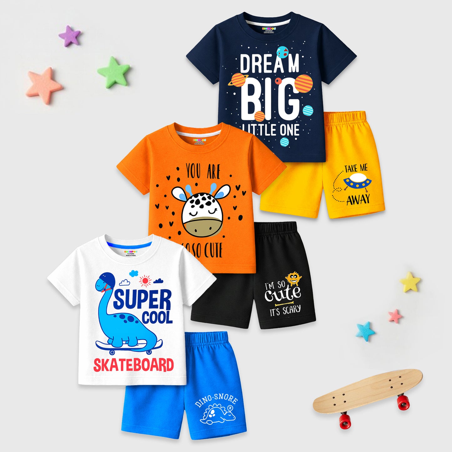 Kuchipoo Boys Cotton T-Shirt & Shorts | Printed Summer Wear Set | Soft & Comfortable Kids Clothing | Pack of 3
