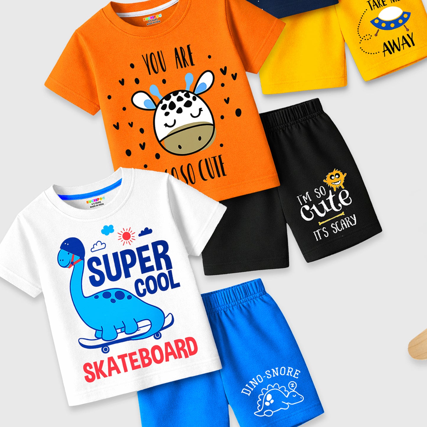 Kuchipoo Boys Cotton T-Shirt & Shorts | Printed Summer Wear Set | Soft & Comfortable Kids Clothing | Pack of 3
