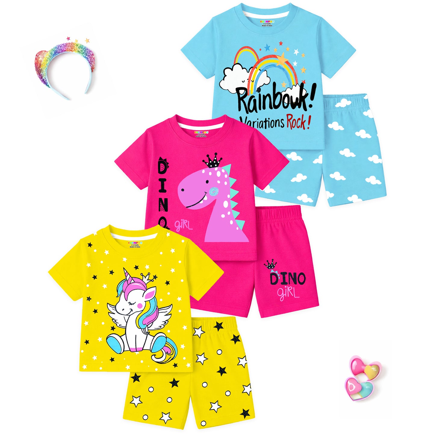 Kuchipoo Girls Cotton T-Shirt & Shorts | Printed Summer Wear Set | Soft & Comfortable Kids Clothing | Pack of 3