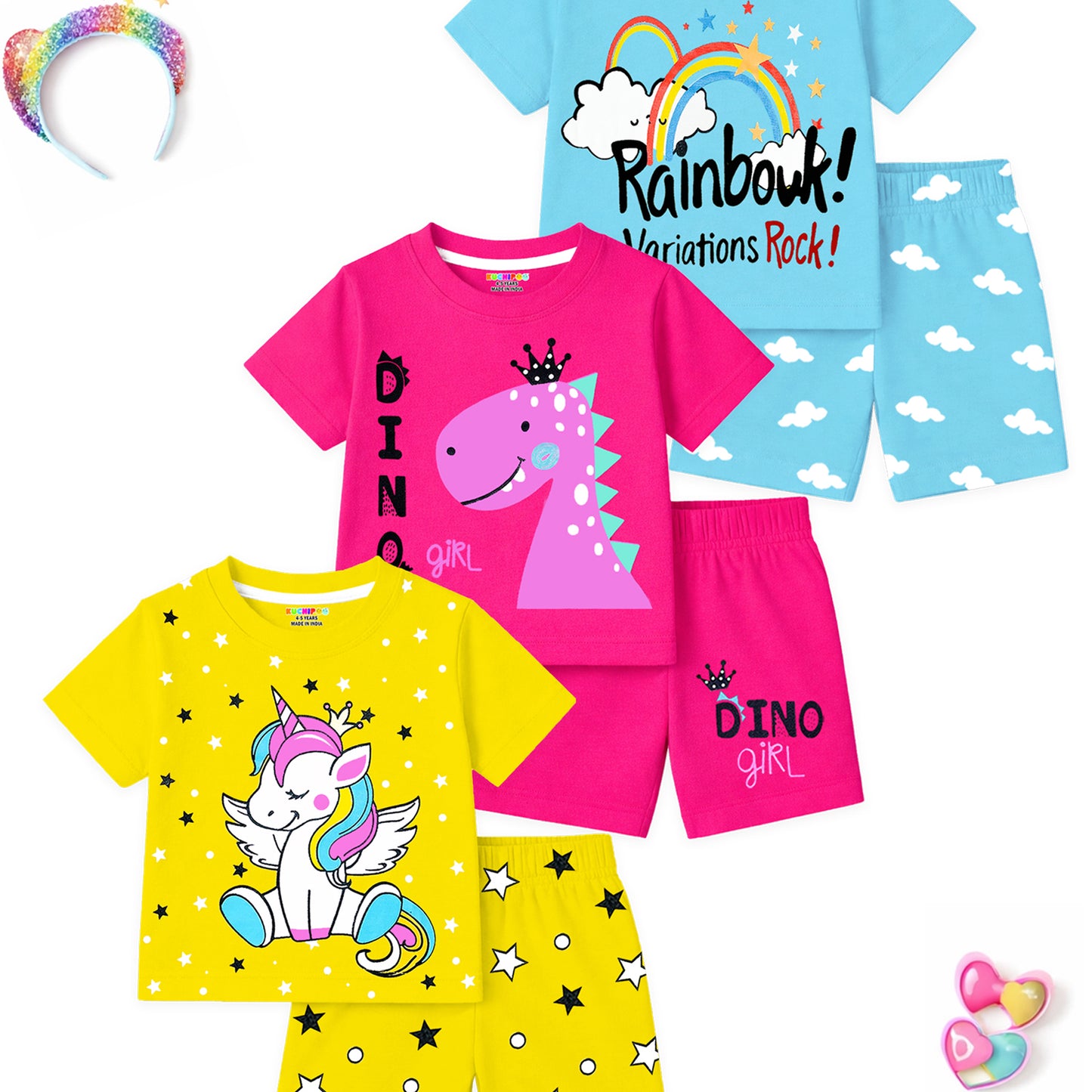 Kuchipoo Girls Cotton T-Shirt & Shorts | Printed Summer Wear Set | Soft & Comfortable Kids Clothing | Pack of 3