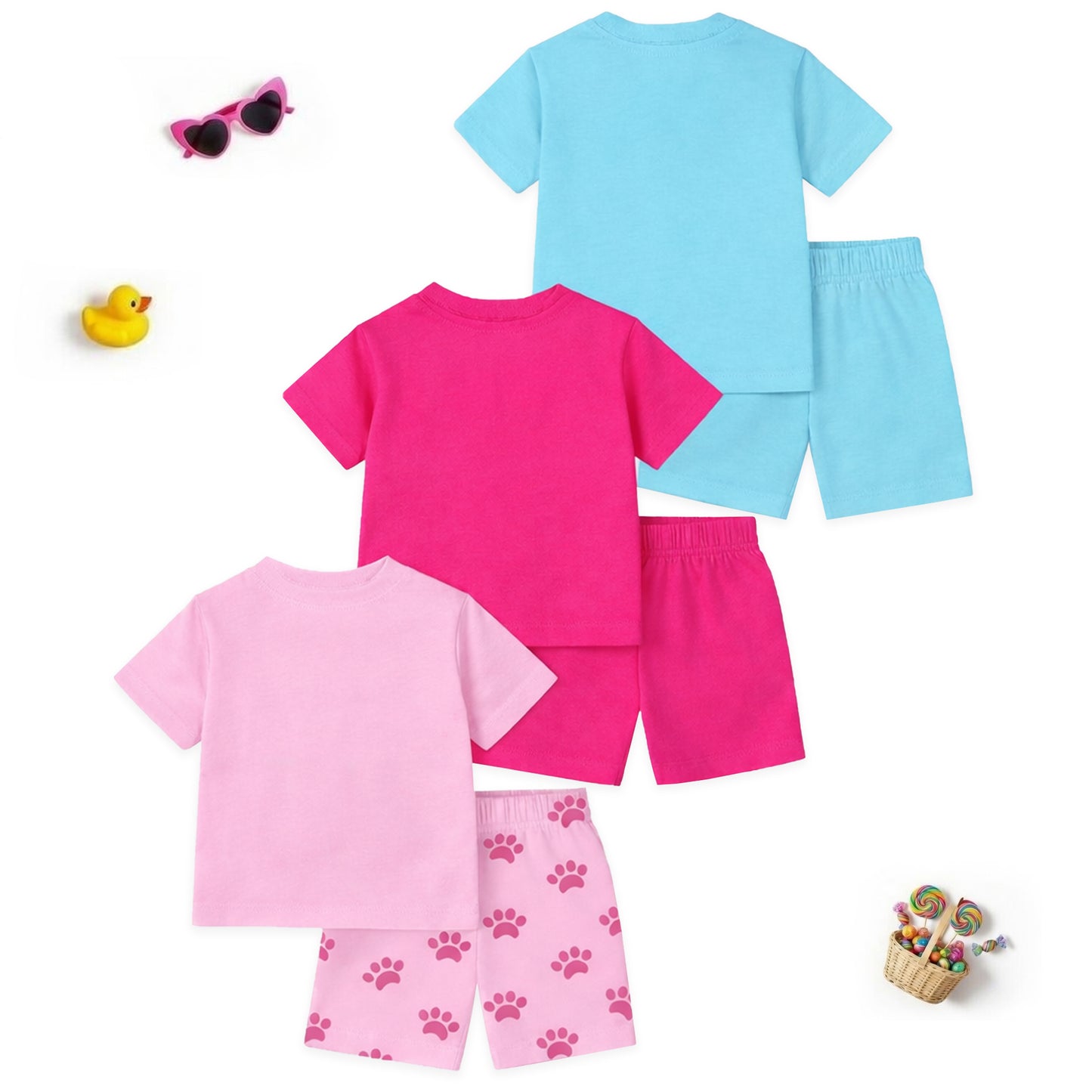 Kuchipoo Girls Cotton T-Shirt & Shorts | Printed Summer Wear Set | Soft & Comfortable Kids Clothing | Pack of 3
