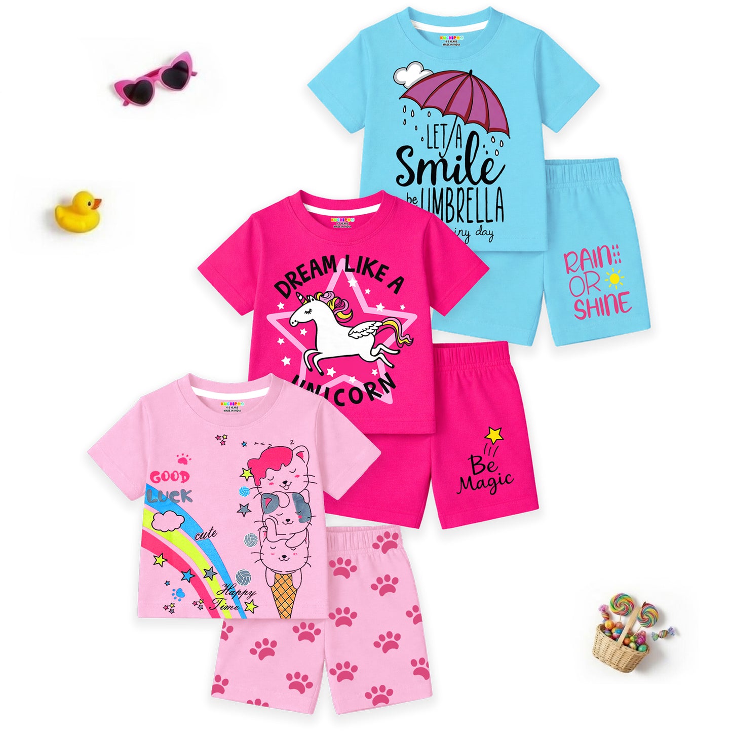 Kuchipoo Girls Cotton T-Shirt & Shorts | Printed Summer Wear Set | Soft & Comfortable Kids Clothing | Pack of 3