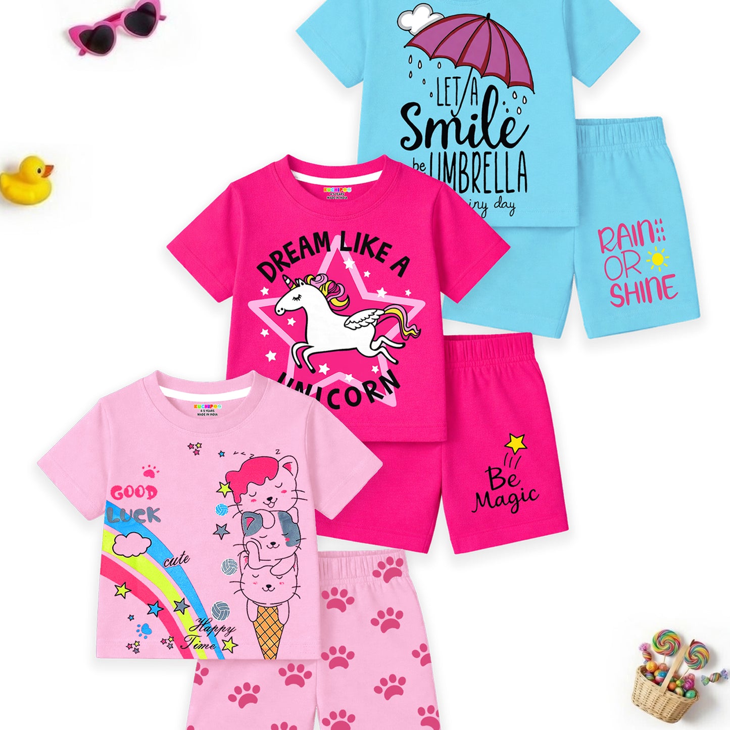 Kuchipoo Girls Cotton T-Shirt & Shorts | Printed Summer Wear Set | Soft & Comfortable Kids Clothing | Pack of 3