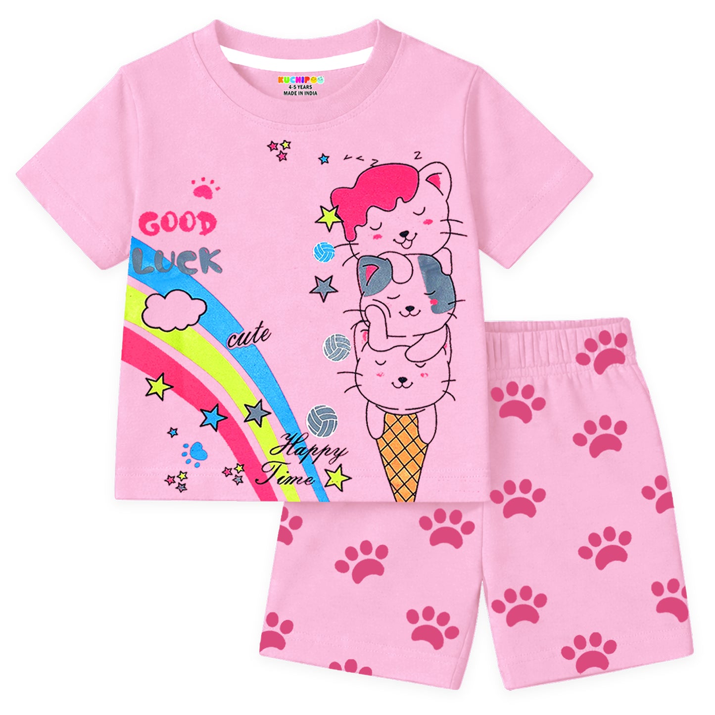 Kuchipoo Girls Cotton T-Shirt & Shorts | Printed Summer Wear Set | Soft & Comfortable Kids Clothing | Pack of 3