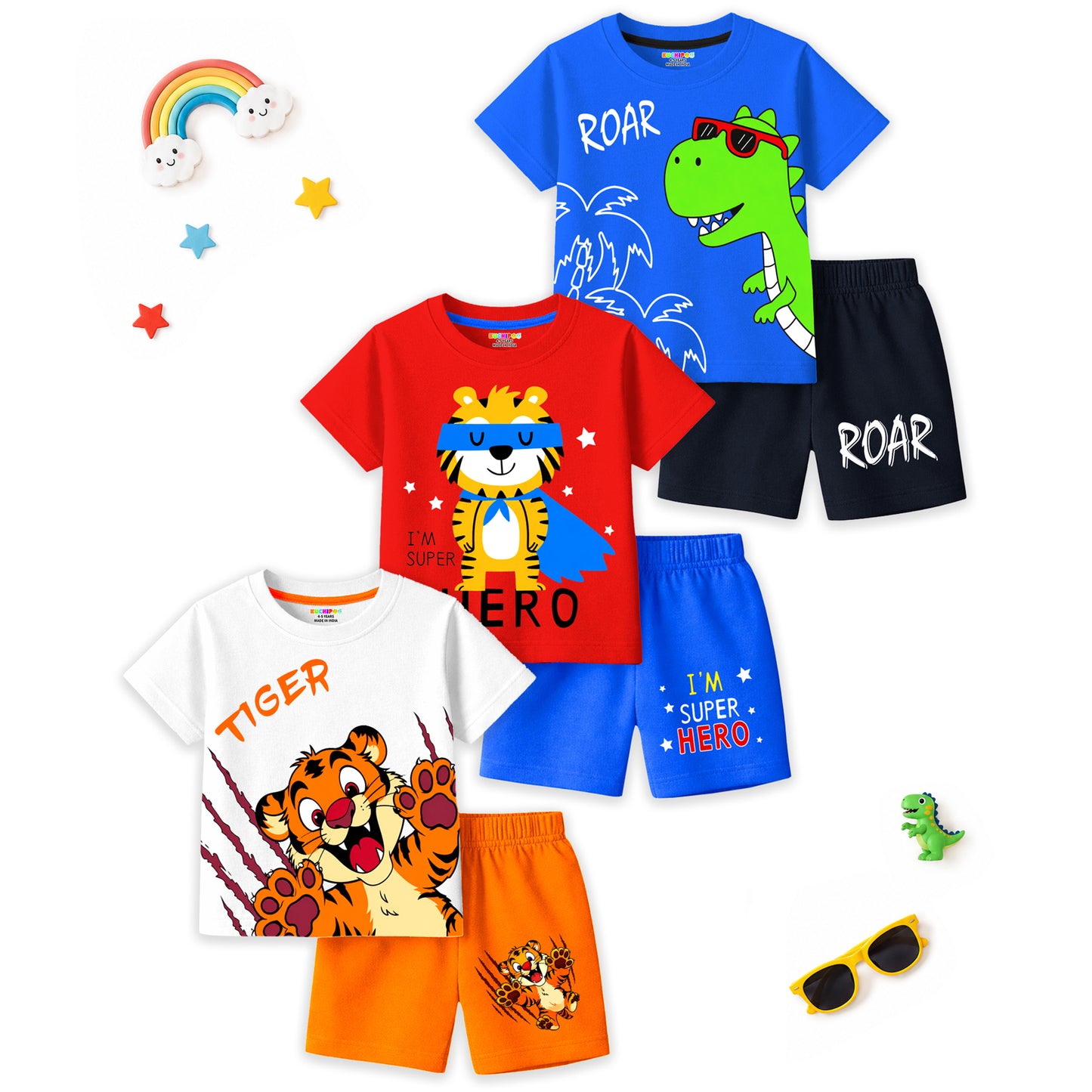 Kuchipoo Boys Cotton T-Shirt & Shorts | Printed Summer Wear Set | Soft & Comfortable Kids Clothing | Pack of 3