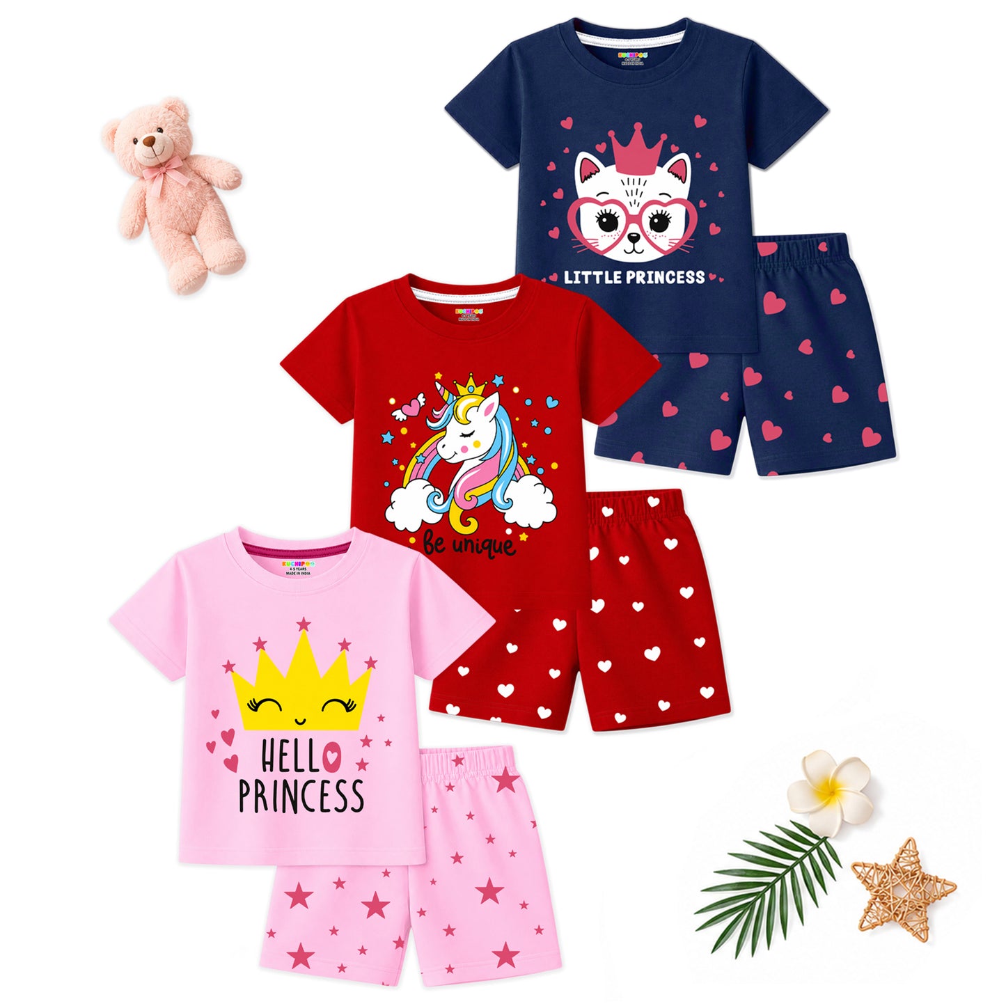 Kuchipoo Girls Cotton T-Shirt & Shorts | Printed Summer Wear Set | Soft & Comfortable Kids Clothing | Pack of 3
