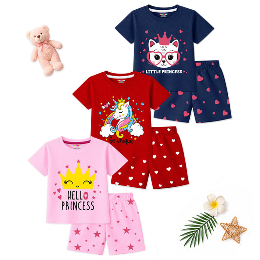 Kuchipoo Girls Cotton T-Shirt & Shorts | Printed Summer Wear Set | Soft & Comfortable Kids Clothing | Pack of 3