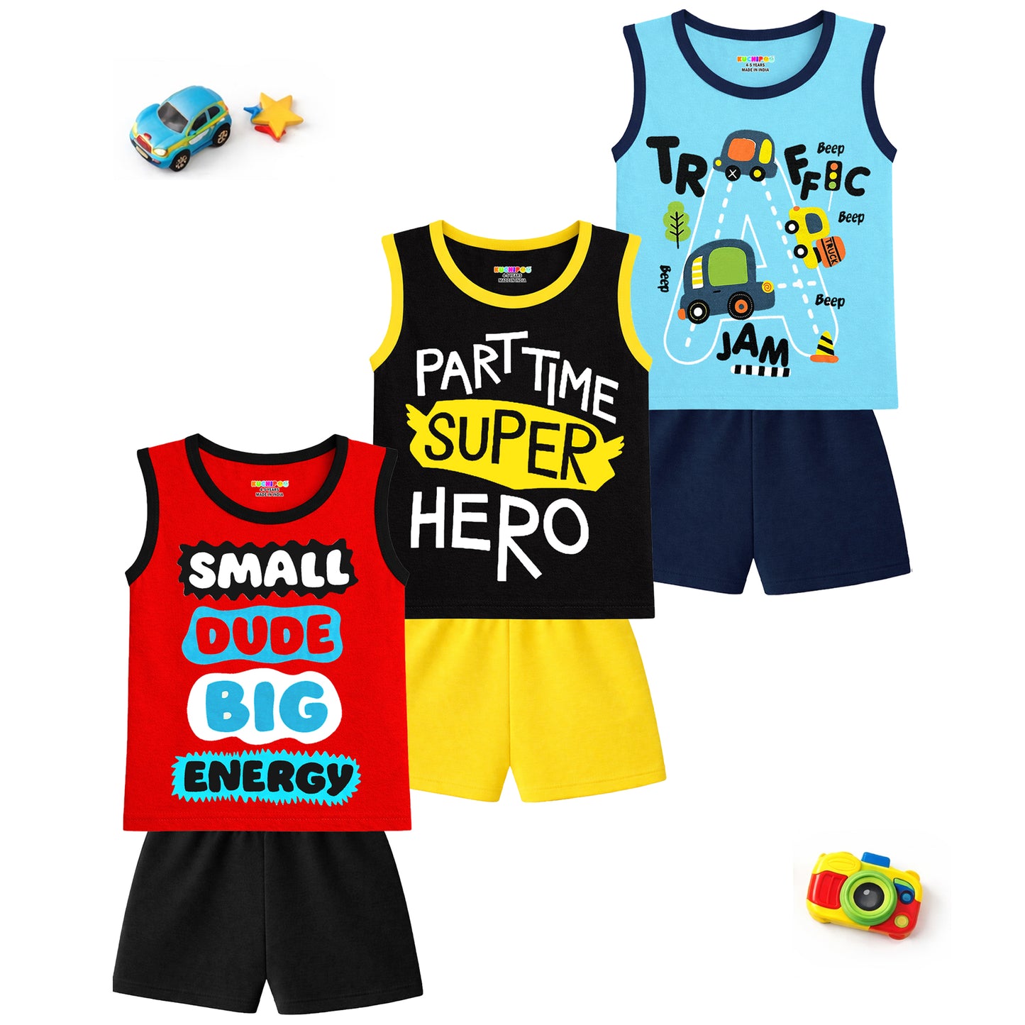 Kuchipoo Kids Sleeveless Cotton Tshirt & Shorts Set | Printed Summer Co-Ord Sets for Boys | Pack of 3
