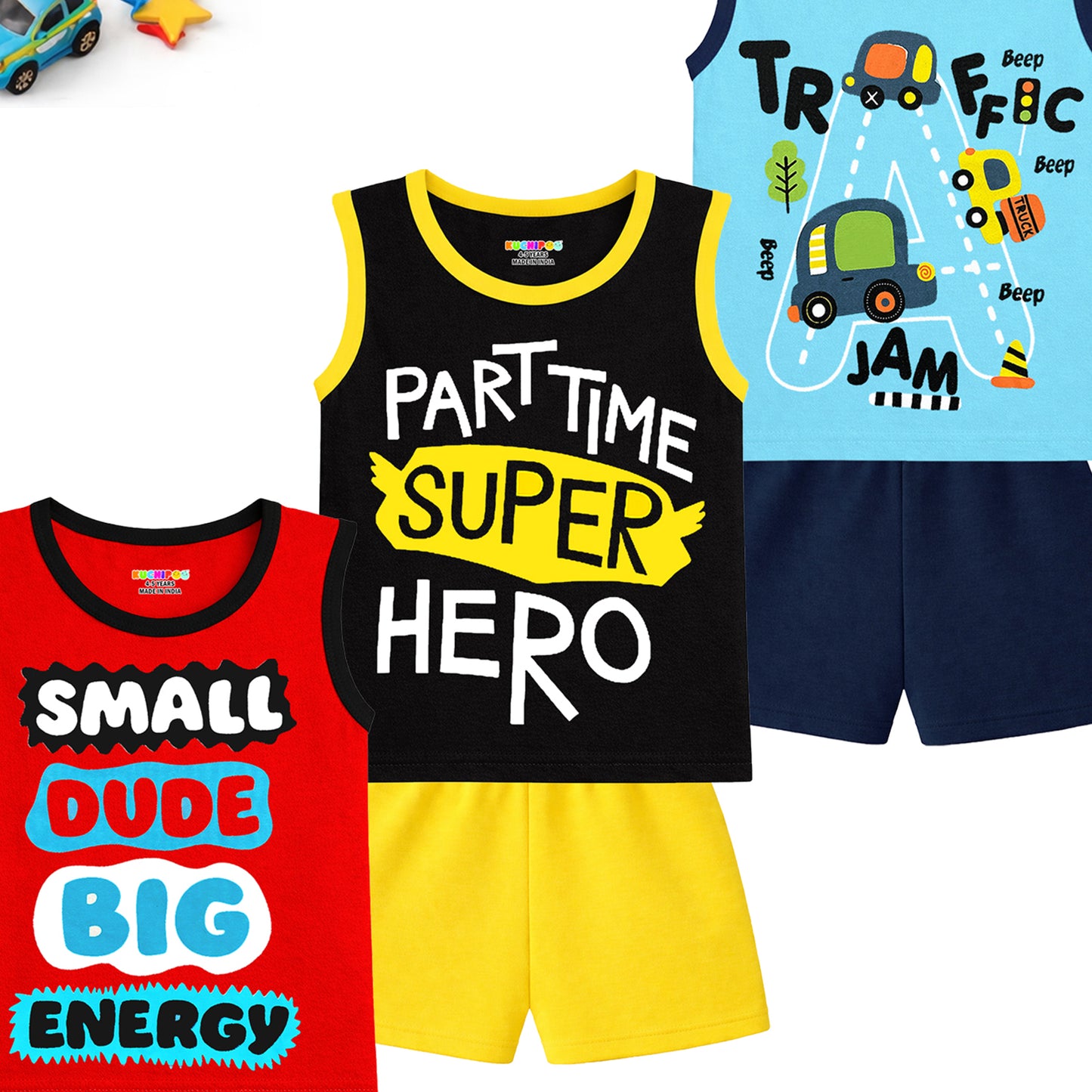 Kuchipoo Kids Sleeveless Cotton Tshirt & Shorts Set | Printed Summer Co-Ord Sets for Boys | Pack of 3