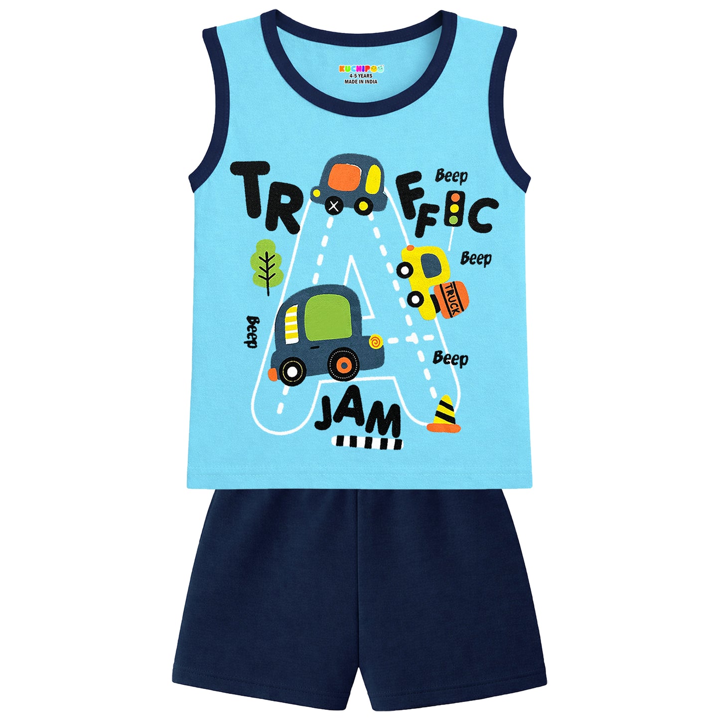 Kuchipoo Kids Sleeveless Cotton Tshirt & Shorts Set | Printed Summer Co-Ord Sets for Boys | Pack of 3